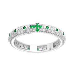 ANELLO ROSARIO CON CROCE ZIRCONI VERDE SMERALDO E BIANCO IN ARGENTO 925 GALVANICA RODIO