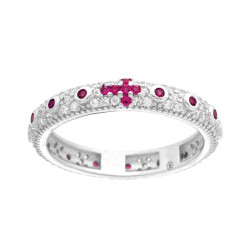 ANELLO ROSARIO CON CROCE ZIRCONI ROSSO RUBINO E BIANCO IN ARGENTO 925 GALVANICA RODIO