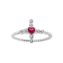 ANELLO CON CROCE E CUORE ROSSO RUBINO E ZIRCONI BIANCO IN ARGENTO 925 GALVANICA RODIO