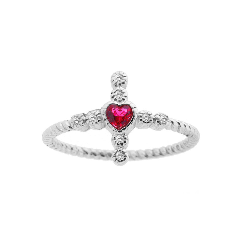 ANELLO CON CROCE E CUORE ROSSO RUBINO E ZIRCONI BIANCO IN ARGENTO 925 GALVANICA RODIO