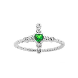 ANELLO CON CROCE E CUORE VERDE SMERALDO E ZIRCONI BIANCO IN ARGENTO 925 GALVANICA RODIO