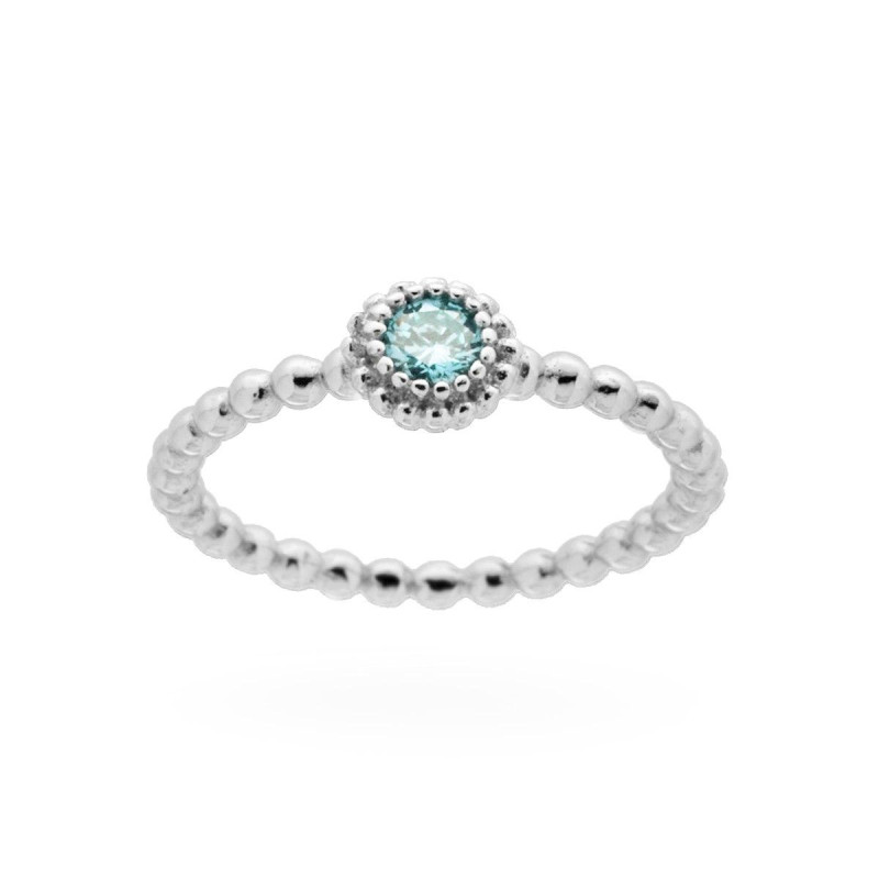 ANELLO SOLITARIO CON GAMBO A PALLINE CON ZIRCONE ACQUAMARINA IN ARGENTO 925 GALVANICA RODIO