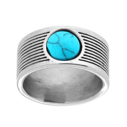 ANELLO FASCIA RIGATA CON TONDO TURCHESE IN ACCIAIO