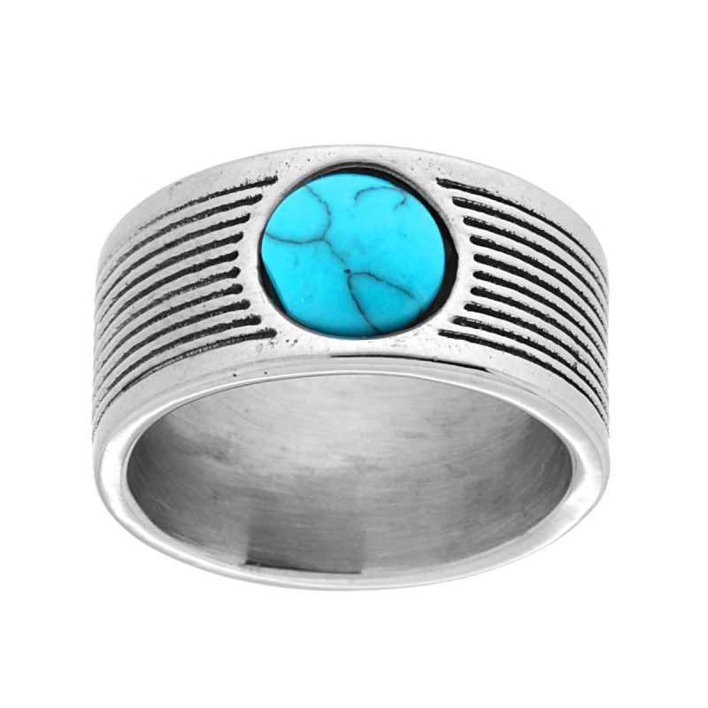 ANELLO FASCIA RIGATA CON TONDO TURCHESE IN ACCIAIO