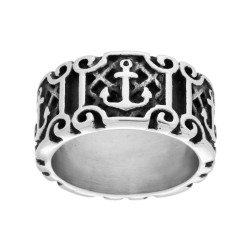 ANELLO UOMO FASCIA MM 11 CON DECORI E ANCORA IN ACCIAIO BRUNITO
