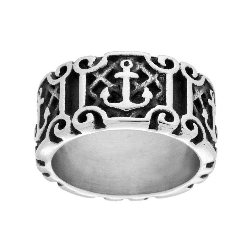 ANELLO UOMO FASCIA MM 11 CON DECORI E ANCORA IN ACCIAIO BRUNITO