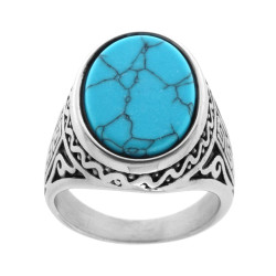 ANELLO CHEVALIER OVALE CON TURCHESE E DECORI LATERALI IN ACCIAIO