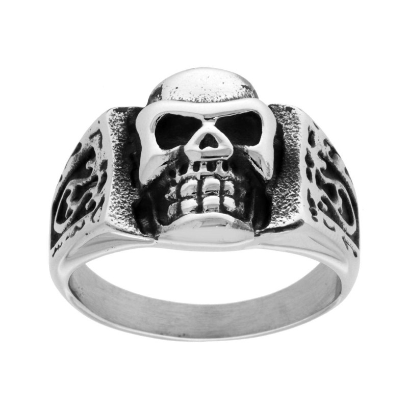 ANELLO CHEVALIER TESCHIO CON DECORI LATERALI IN ACCIAIO BRUNITO