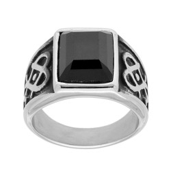 ANELLO CHEVALIER RETTANGOLARE CON CRYSTAL NERO E DECORI LATERALI IN ACCIAIO BRUNITO