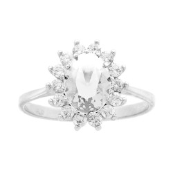 ANELLO HALO SOLITARIO OVALE ZIRCONE BIANCO CONTORNATO CON ZIRCONI BIANCHI IN ARGENTO 925 GALVANICA RODIO