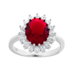 ANELLO HALO SOLITARIO OVALE ZIRCONE ROSSO RUBINO CONTORNATO DA ZIRCONI BIANCHI IN ARGENTO 925 GALVANICA RODIO