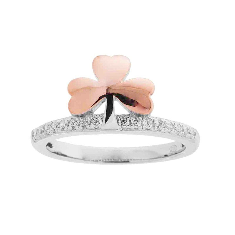 ANELLO VERETTA CON TRIFOGLIO GALVANICA ROSA E CUBIC ZIRCONIA BIANCO IN ARGENTO 925 GALVANICA RODIO