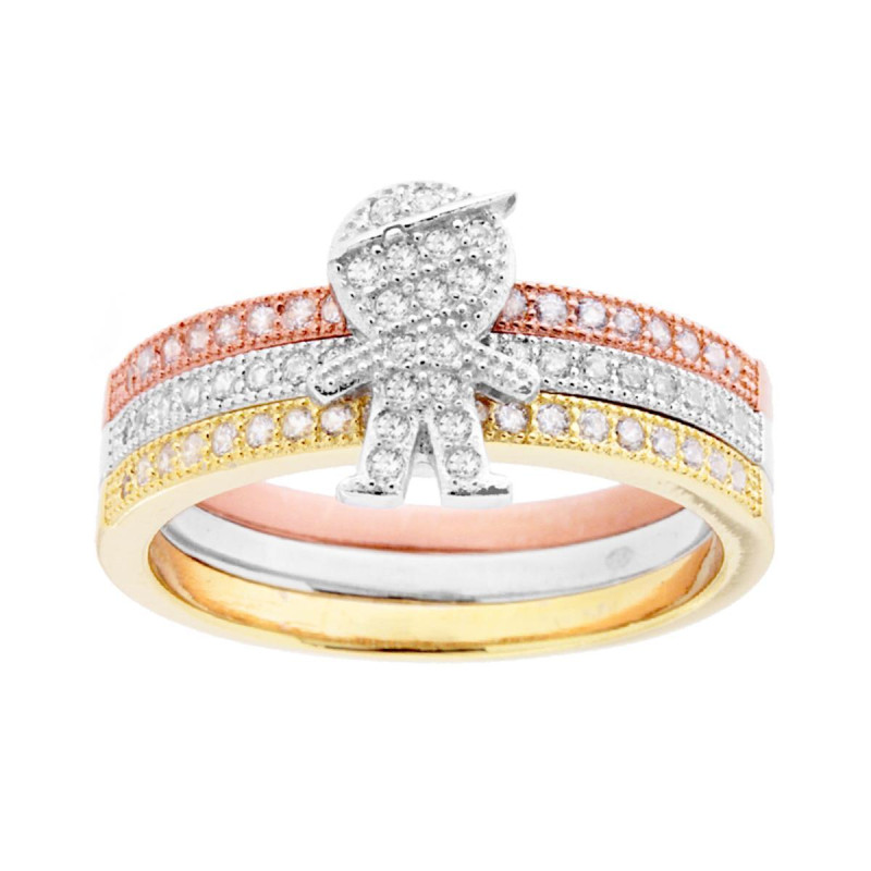 ANELLO VERETTA ETERNITY TRE COLORI FAMIGLIA FIGLIO BIMBO CON ZIRCONI BIANCHI IN ARGENTO 925 GALVANICA RODIO ORO E ROSA