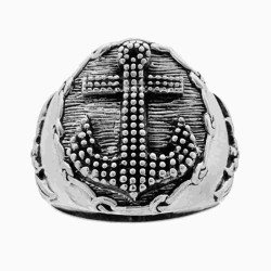 ANELLO CHEVALIER OVALE CON ANCORA E PALLINE IN ARGENTO 925 GALVANICA RODIO BRUNITO