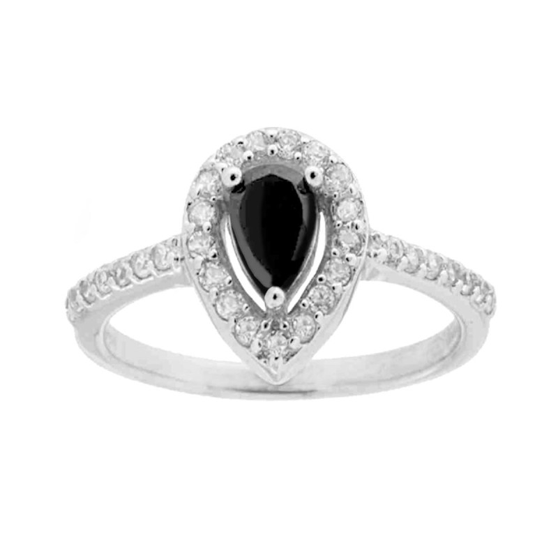 ANELLO HALO SOLITARIO CON ZIRCONE A GOCCIA NERO CONTORNATO CON ZIRCONI BIANCHI IN ARGENTO 925 GALVANICA RODIO