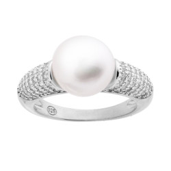 ANELLO CON PERLA BIANCA E ZIRCONI BIANCO IN ARGENTO 925 GALVANICA RODIO