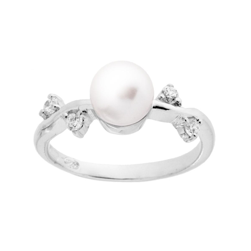 ANELLO CON PERLA E FOGLIE CON ZIRCONI BIANCO IN ARGENTO 925 GALVANICA RODIO