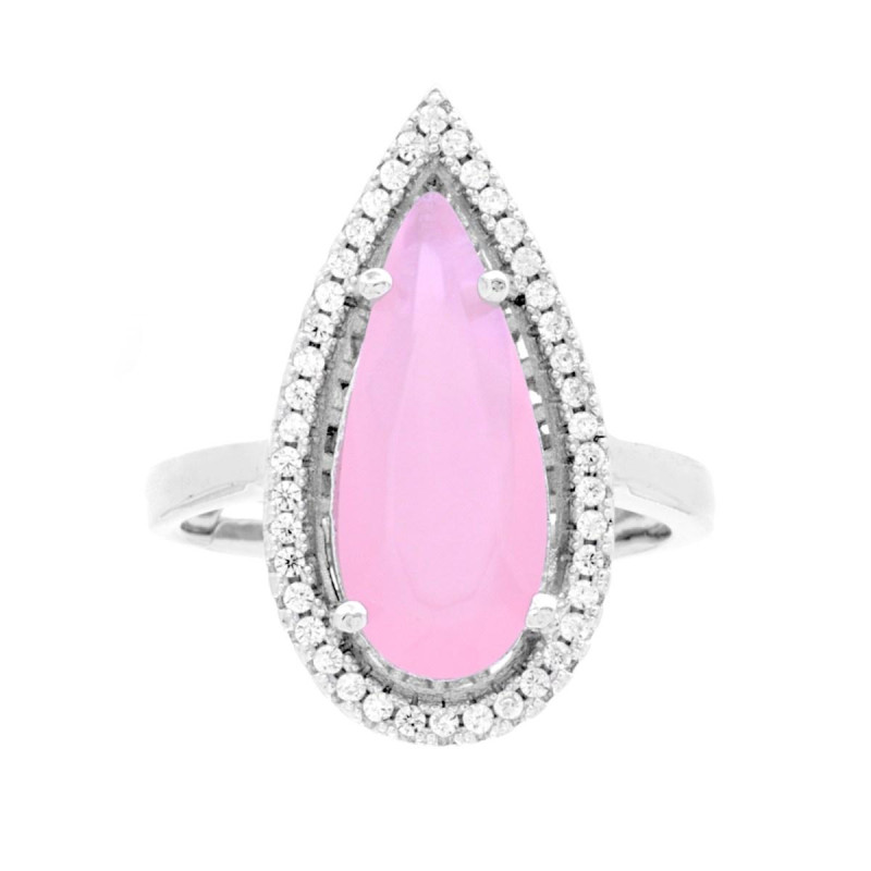 ANELLO GOCCIA CON PIETRA ROSA SFACCETTATA CONTORNATA CON ZIRCONI BIANCHI IN ARGENTO 925 GALVANICA RODIO