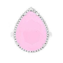 ANELLO GOCCIA CON PIETRA ROSA SFACCETTATA CONTORNATA CON ZIRCONI BIANCHI IN ARGENTO 925 GALVANICA RODIO
