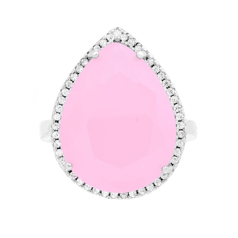 ANELLO GOCCIA CON PIETRA ROSA SFACCETTATA CONTORNATA CON ZIRCONI BIANCHI IN ARGENTO 925 GALVANICA RODIO