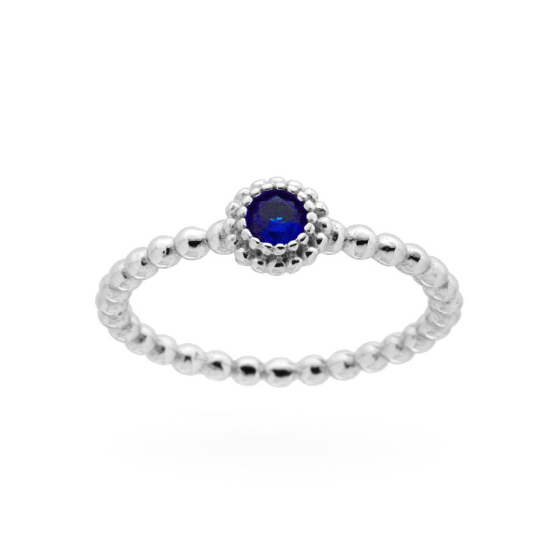 ANELLO SOLITARIO CON GAMBO A PALLINE CON ZIRCONE BLU ZAFFIRO IN ARGENTO 925 GALVANICA RODIO