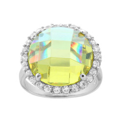 ANELLO CON TONDO QUARZO CITRINO CONTORNATO DA ZIRCONI BIANCHI IN ARGENTO 925 GALVANICA RODIO
