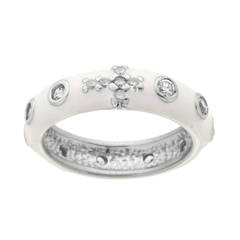 ANELLO ROSARIO CON SMALTO BIANCO E ZIRCONI BIANCHI IN ARGENTO 925 GALVANICA RODIO