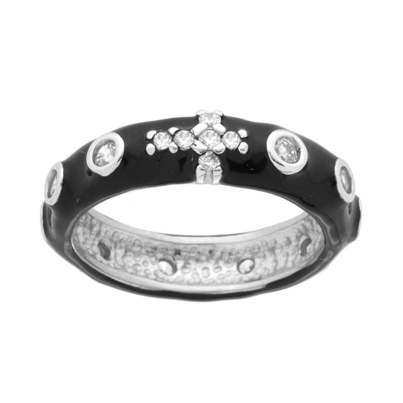 ANELLO ROSARIO CON SMALTO NERO E ZIRCONI BIANCHI IN ARGENTO 925 GALVANICA RODIO