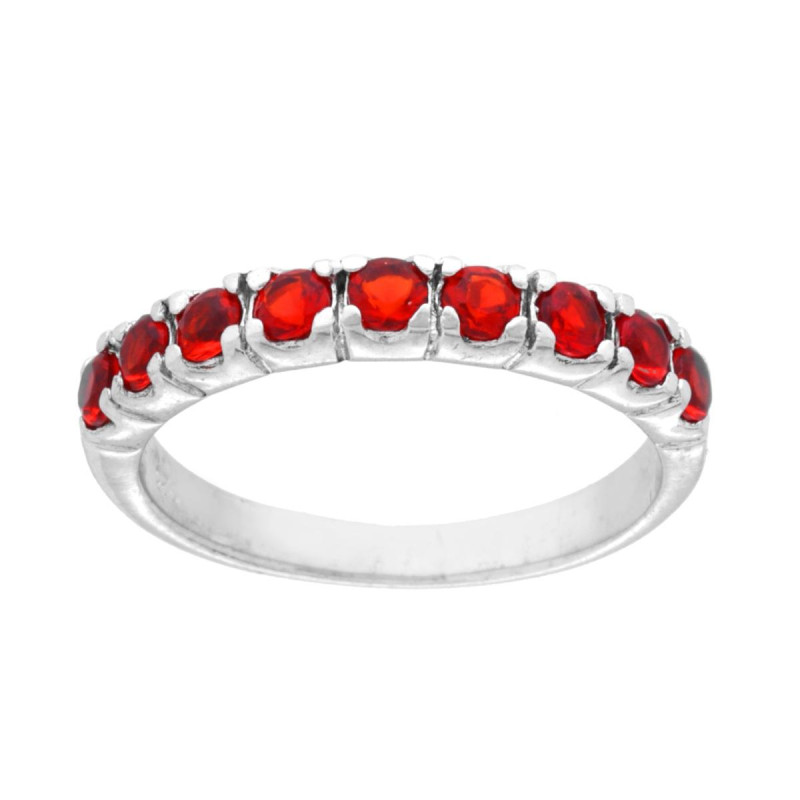 ANELLO VERETTA CON NOVE ZIRCONI ROSSO RUBINO IN ARGENTO 925 GALVANICA RODIO