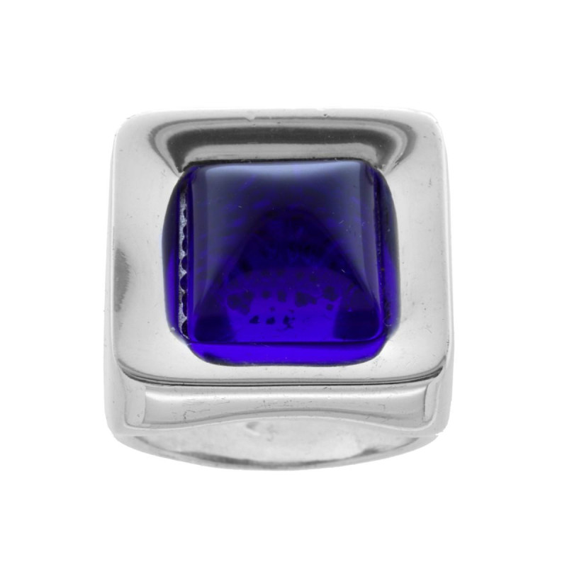 ANELLO CHEVALIER QUADRATO CON PIETRA BLU IN ARGENTO 925 GALVANICA RODIO