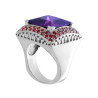 ANELLO CHEVALIER QUADRATO CON PIETRA VIOLA CONTORNATA DA ZIRCONI ROSSO RUBINO IN ARGENTO 925 GALVANICA RODIO