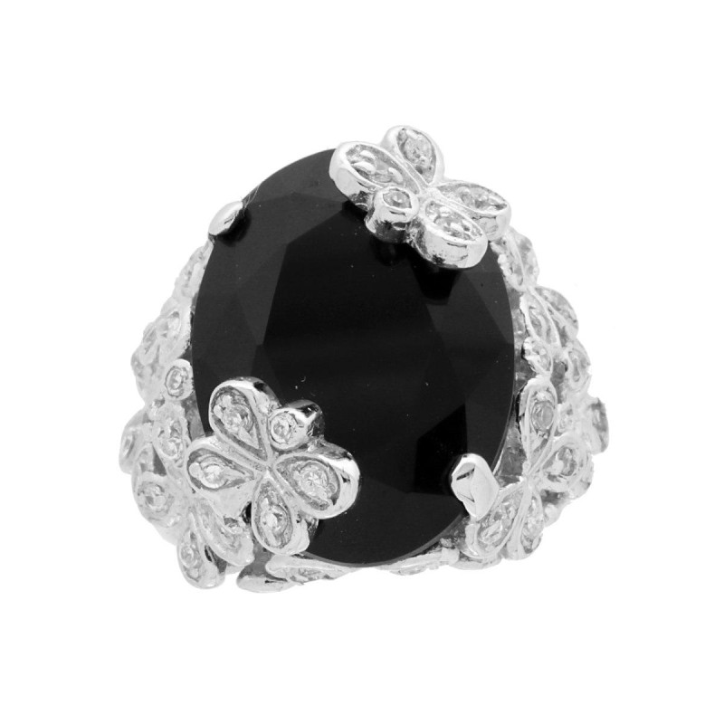 ANELLO CHEVALIER OVALE CRYSTAL NERO CON FARFALLE E ZIRCONI BIANCHI IN ARGENTO 925 GALVANICA RODIO