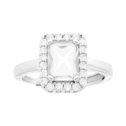 ANELLO HALO SOLITARIO RETTANGOLARE ZIRCONE BIANCO CONTORNATO DA ZIRCONI BIANCHI IN ARGENTO 925 GALVANICA RODIO