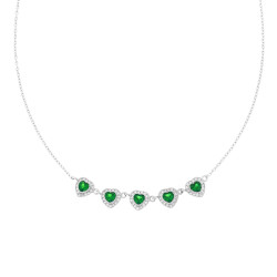 COLLANA CATENA FORZATINA DIAMANTATA CUORI CON CUBIC ZIRCONIA VERDE SMERALDO CONTORNATI DA CUBIC ZIRCONIA BIANCHI IN ARGENTO 925 