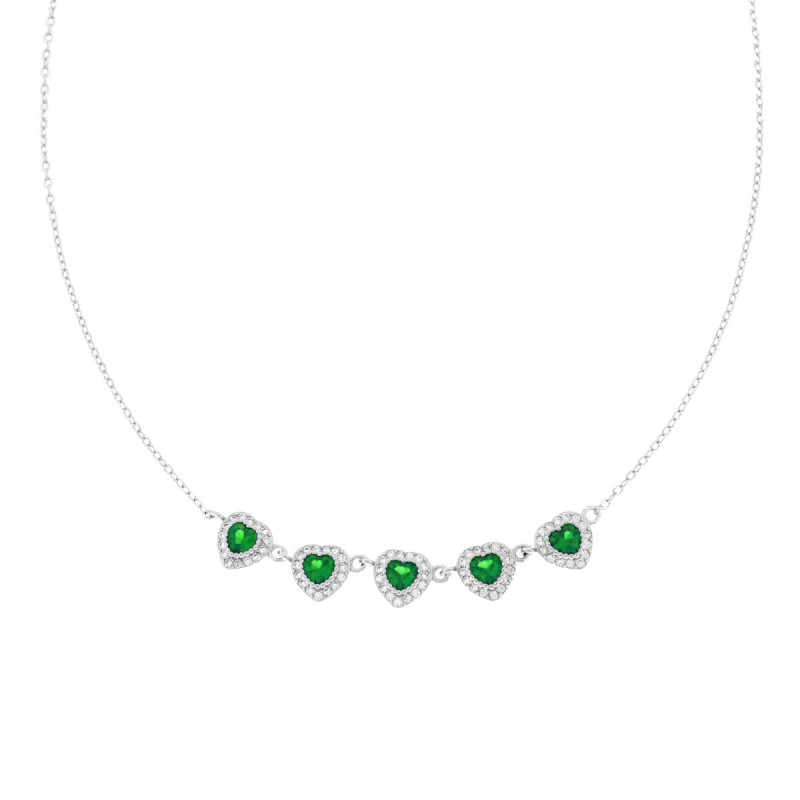 COLLANA CATENA FORZATINA DIAMANTATA CUORI CON CUBIC ZIRCONIA VERDE SMERALDO CONTORNATI DA CUBIC ZIRCONIA BIANCHI IN ARGENTO 925 