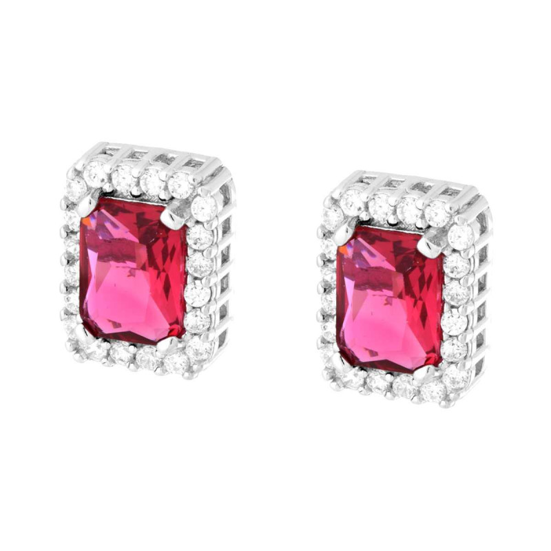 ORECCHINI RETTANGOLARI CON CUBIC ZIRCONIA ROSSO RUBINO CONTORNATO DA CUBIC ZIRCONIA BIANCHI IN ARGENTO 925 GALVANICA RODIO