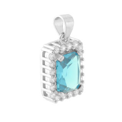 CIONDOLO RETTANGOLARE CON CUBIC ZIRCONIA ACQUAMARINA CONTORNATO DA CUBIC ZIRCONIA BIANCHI IN ARGENTO 925 GALVANICA RODIO