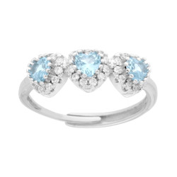 ANELLO TRILOGY CUORI ZIRCONI ACQUAMARINA CONTORNATI DA ZIRCONI BIANCHI IN ARGENTO 925 GALVANICA RODIO