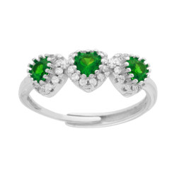 ANELLO TRILOGY CUORI ZIRCONI VERDE SMERALDO CONTORNATI DA ZIRCONI BIANCHI IN ARGENTO 925 GALVANICA RODIO