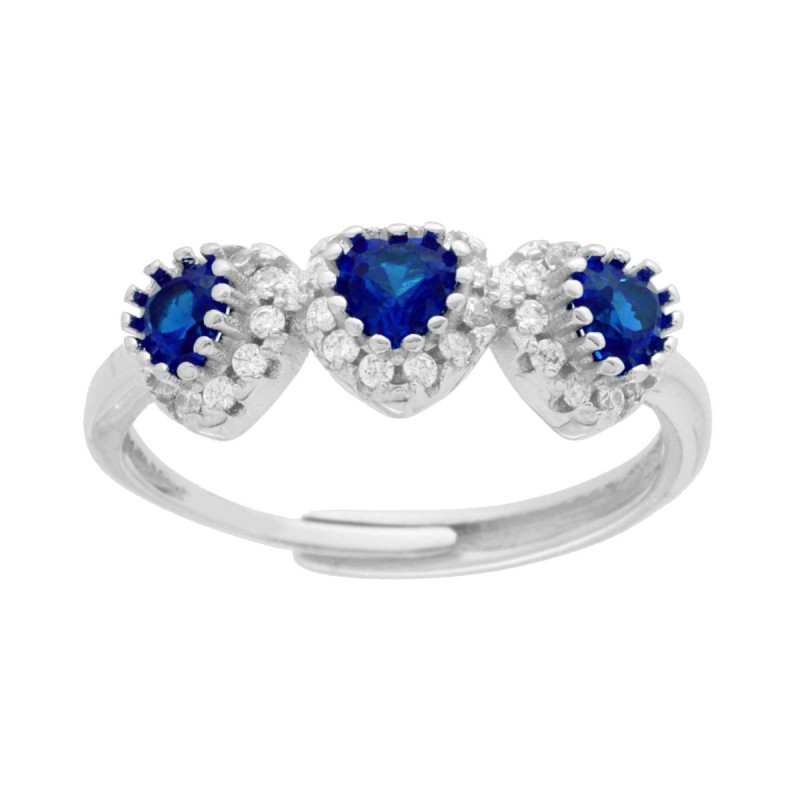 ANELLO TRILOGY CUORI ZIRCONI BLU ZAFFIRO CONTORNATI DA ZIRCONI BIANCHI IN ARGENTO 925 GALVANICA RODIO