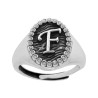 ANELLO CHEVALIER OVALE CON LETTERA IN RILIEVO E ZIRCONI BIANCHI IN ARGENTO 925 GALVANICA RODIO BRUNITO