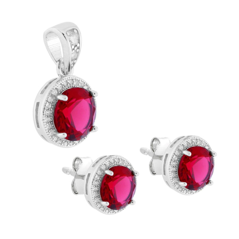 PARURE SET ORECCHINI E CIONDOLO TONDO CUBIC ZIRCONIA ROSSO RUBINO CONTORNATO DA CUBIC ZIRCONIA BIANCHI IN ARGENTO 925 GALVANICA 