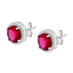 PARURE SET ORECCHINI E CIONDOLO TONDO CUBIC ZIRCONIA ROSSO RUBINO CONTORNATO DA CUBIC ZIRCONIA BIANCHI IN ARGENTO 925 GALVANICA 