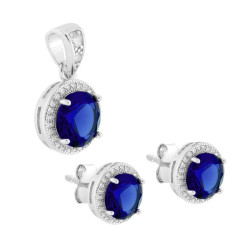 PARURE SET ORECCHINI E CIONDOLO TONDO CUBIC ZIRCONIA BLU ZAFFIRO CONTORNATO DA CUBIC ZIRCONIA BIANCHI IN ARGENTO 925 GALVANICA R
