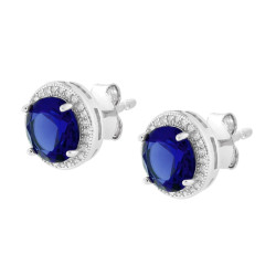 PARURE SET ORECCHINI E CIONDOLO TONDO CUBIC ZIRCONIA BLU ZAFFIRO CONTORNATO DA CUBIC ZIRCONIA BIANCHI IN ARGENTO 925 GALVANICA R