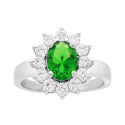 ANELLO HALO SOLITARIO OVALE CON CUBIC ZIRCONIA VERDE SMERALDO CONTORNATO DA CUBIC ZIRCONIA BIANCHI IN ARGENTO 925 GALVANICA RODI