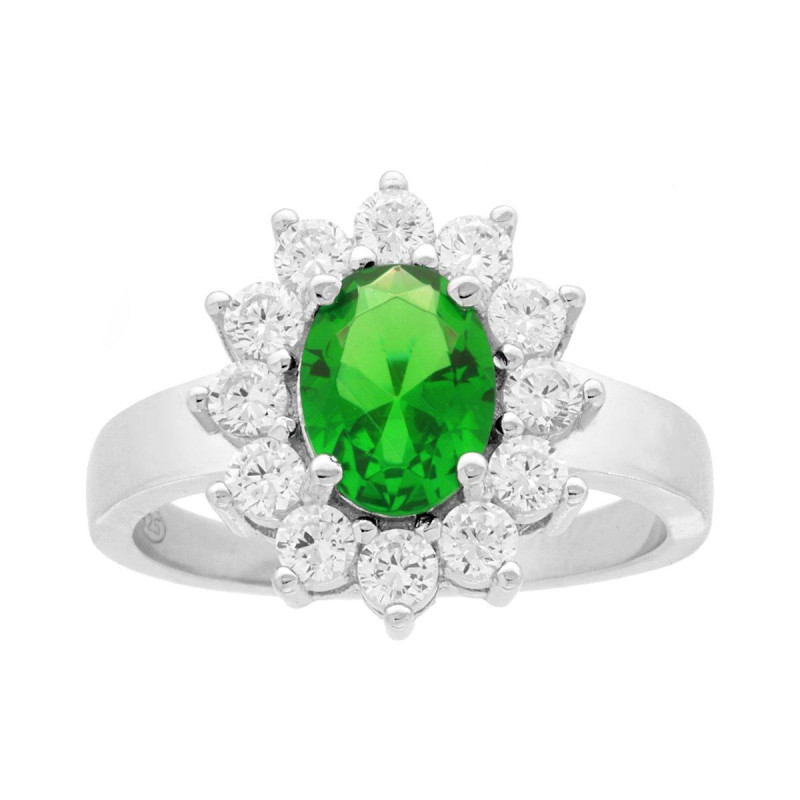 ANELLO HALO SOLITARIO OVALE CON CUBIC ZIRCONIA VERDE SMERALDO CONTORNATO DA CUBIC ZIRCONIA BIANCHI IN ARGENTO 925 GALVANICA RODI