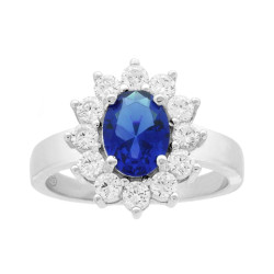 ANELLO HALO SOLITARIO OVALE CON CUBIC ZIRCONIA BLU ZAFFIRO CONTORNATO DA CUBIC ZIRCONIA BIANCHI IN ARGENTO 925 GALVANICA RODIO