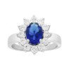 ANELLO HALO SOLITARIO OVALE CON CUBIC ZIRCONIA BLU ZAFFIRO CONTORNATO DA CUBIC ZIRCONIA BIANCHI IN ARGENTO 925 GALVANICA RODIO