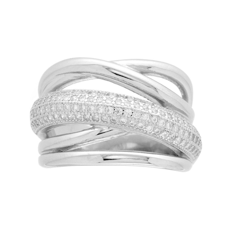 ANELLO FASCIA CON FILI INTRECCIATI E CUBIC ZIRCONIA BIANCHI IN ARGENTO 925 GALVANICA RODIO